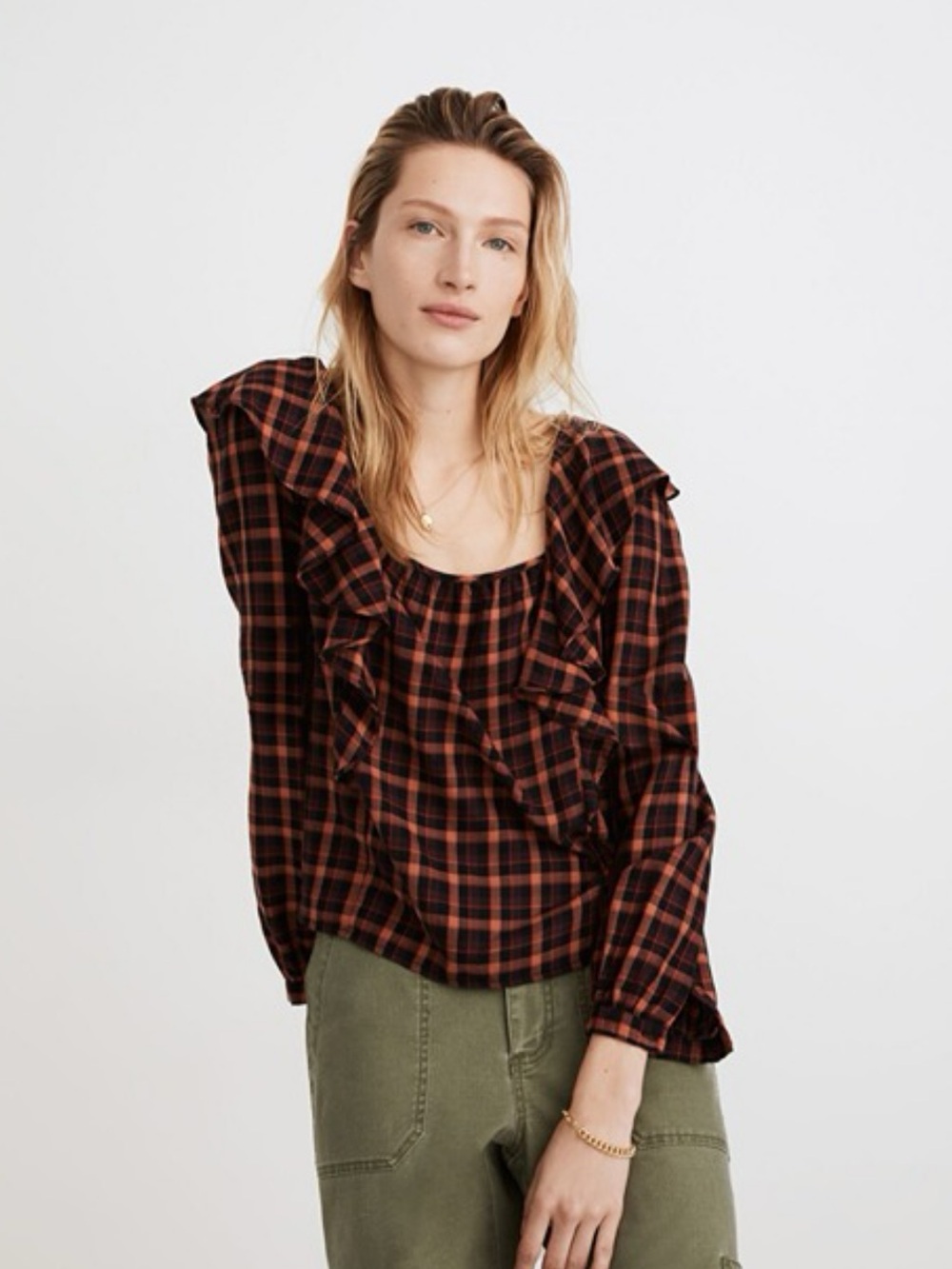 Madewell Rust Check Plaid Ruffle-Front Blouse